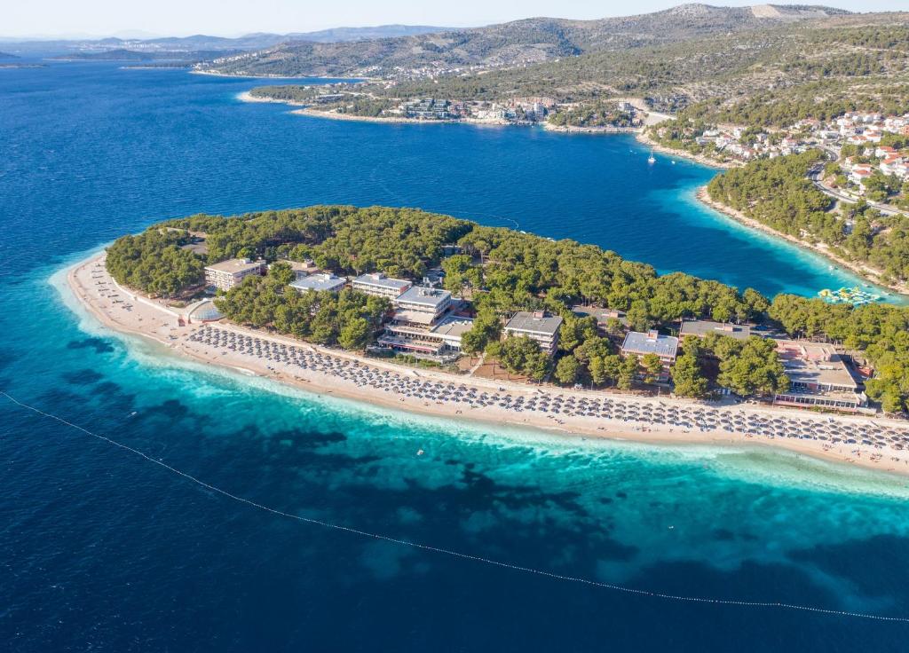 an aerial view of an island in the water at Hotel Zora in Primošten