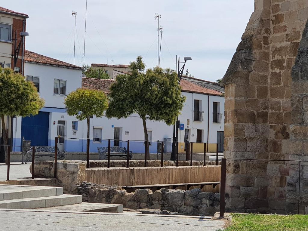 una fila de edificios blancos con árboles delante de ellos en Casa Mara, en Zamora