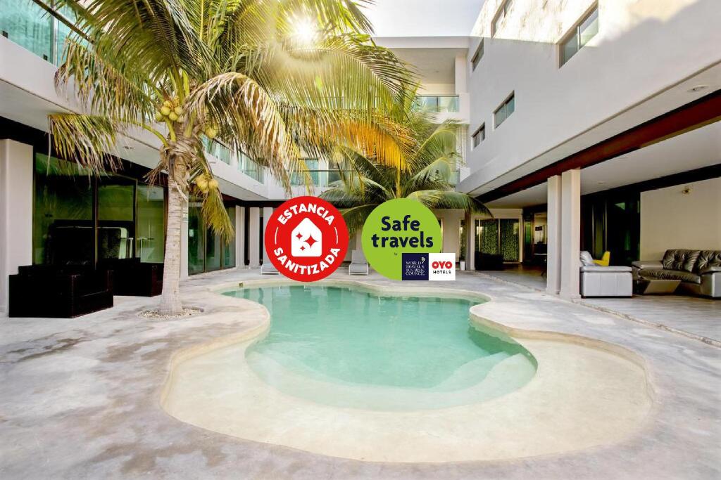 a swimming pool in a building with a palm tree at Jos&eacute; y Glendy Hotel in Progreso