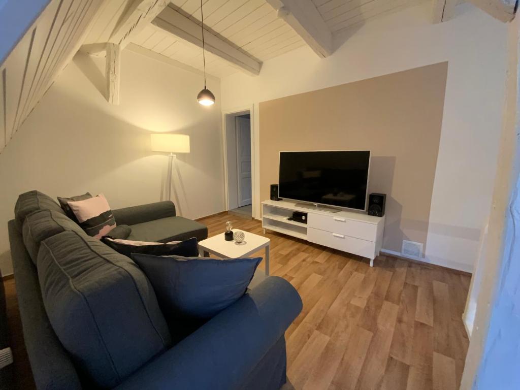 ein Wohnzimmer mit einem blauen Sofa und einem TV in der Unterkunft Suite Apartment Quedlinburg Schlosspfad in Quedlinburg