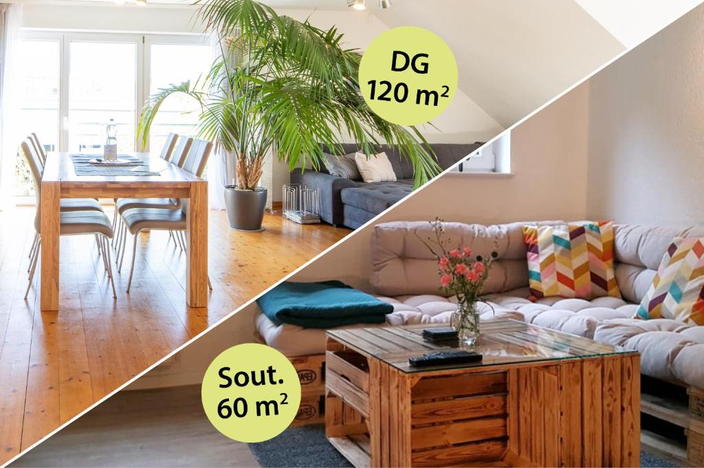 ein Wohnzimmer mit einem Sofa und einem Tisch in der Unterkunft Perfekt für Gruppen, Familien & Geschäftsreisende - Nähe Bamberg & Erlangen in Adelsdorf
