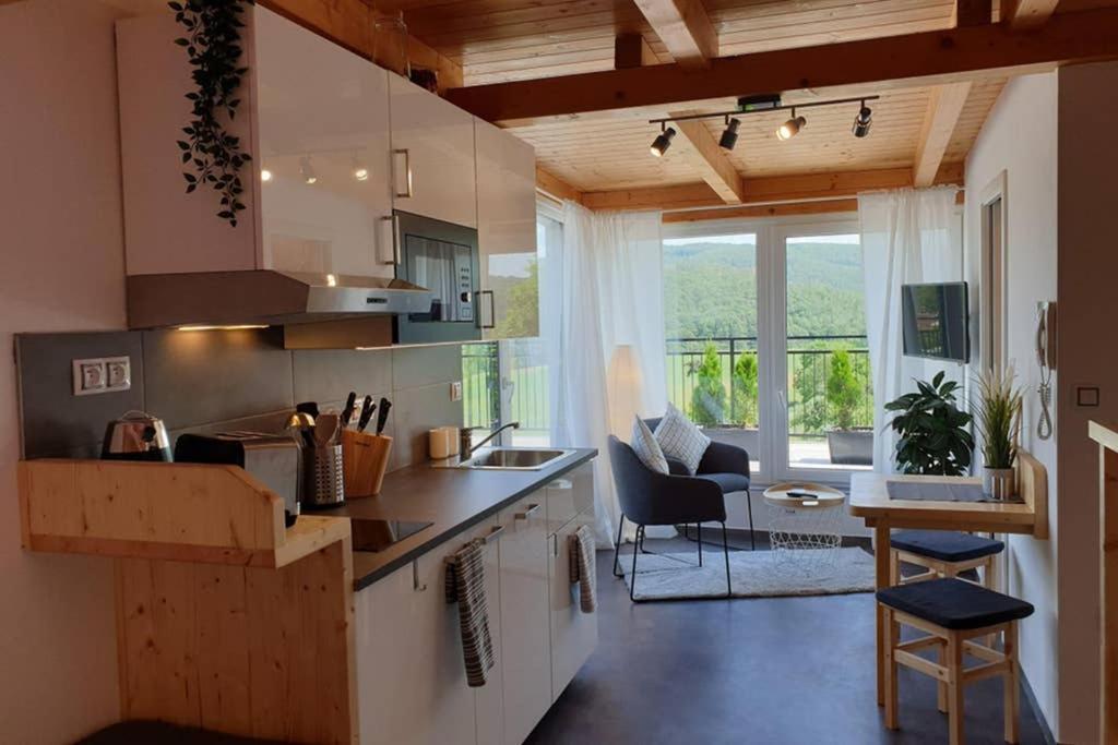 a kitchen with a counter and a dining room at Appartment in the Sky in Bílovice nad Svitavou