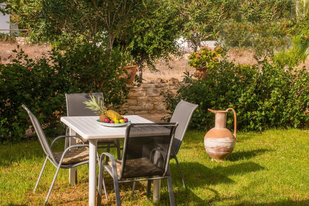 a table and chairs in a yard with a vase at Hotel Aglaia in Kalamaki