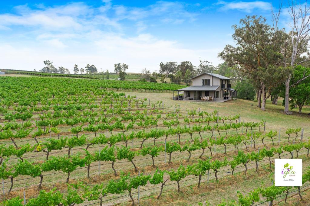 einen Weinberg mit einem Bauernhaus im Hintergrund in der Unterkunft iyla Estate in Pokolbin