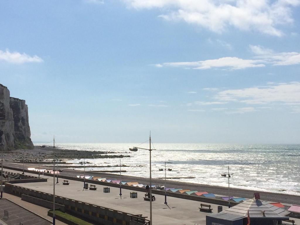 uma vista para uma praia com o oceano e um cais em L’Estacade em Le Tréport