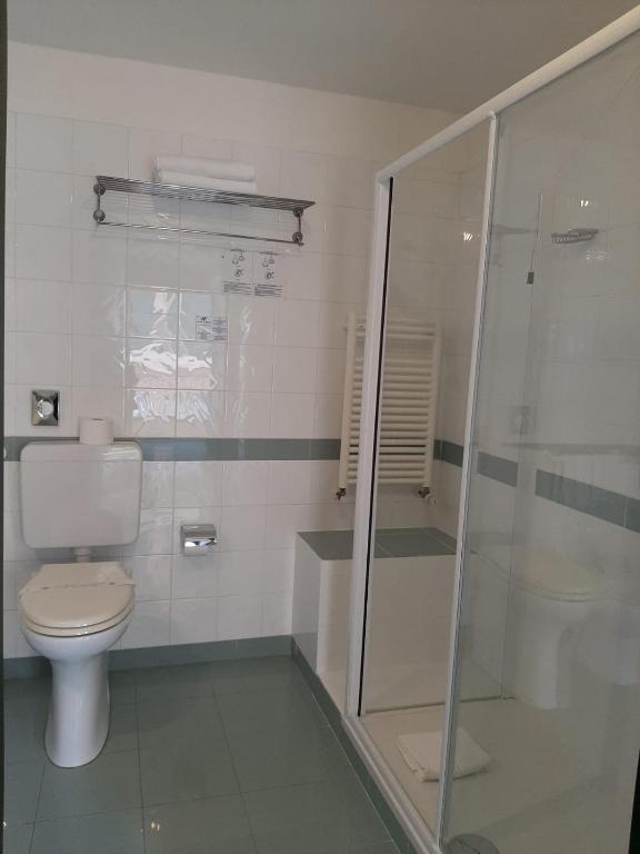a bathroom with a toilet and a glass shower at Hotel Tirreno in Genoa