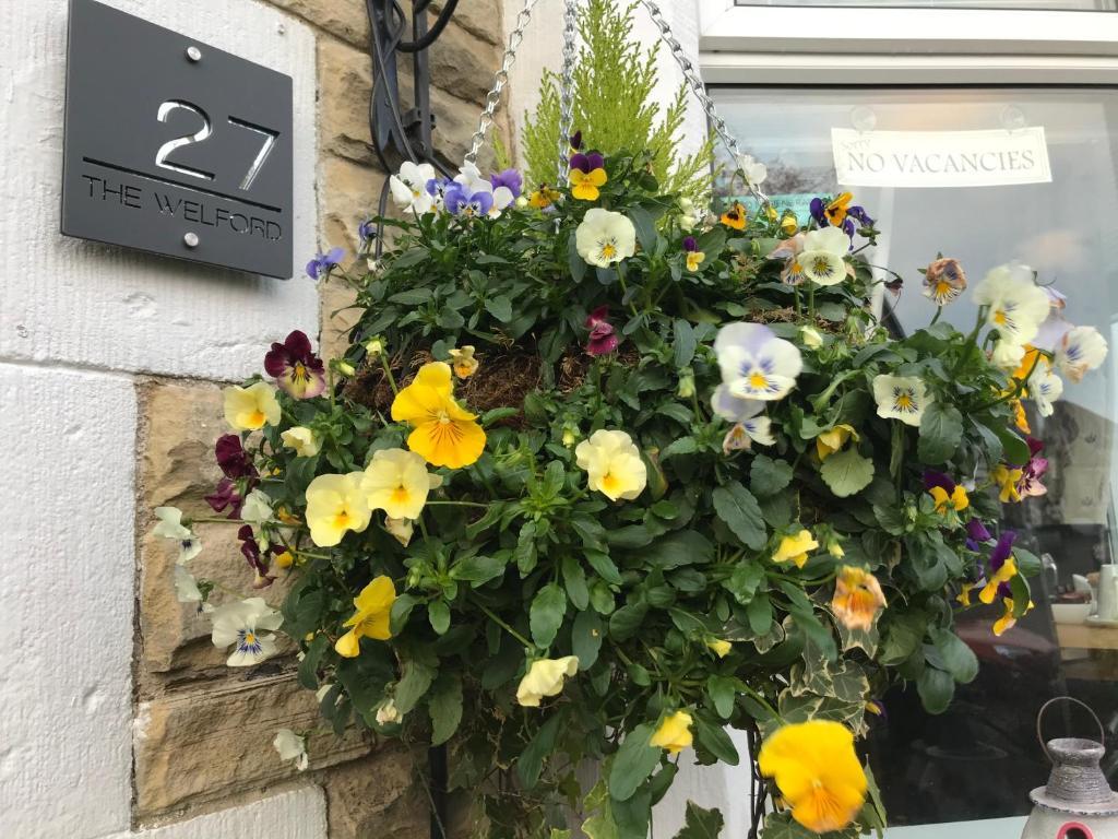 a hanging basket of flowers on a wall at The Welford in Harrogate