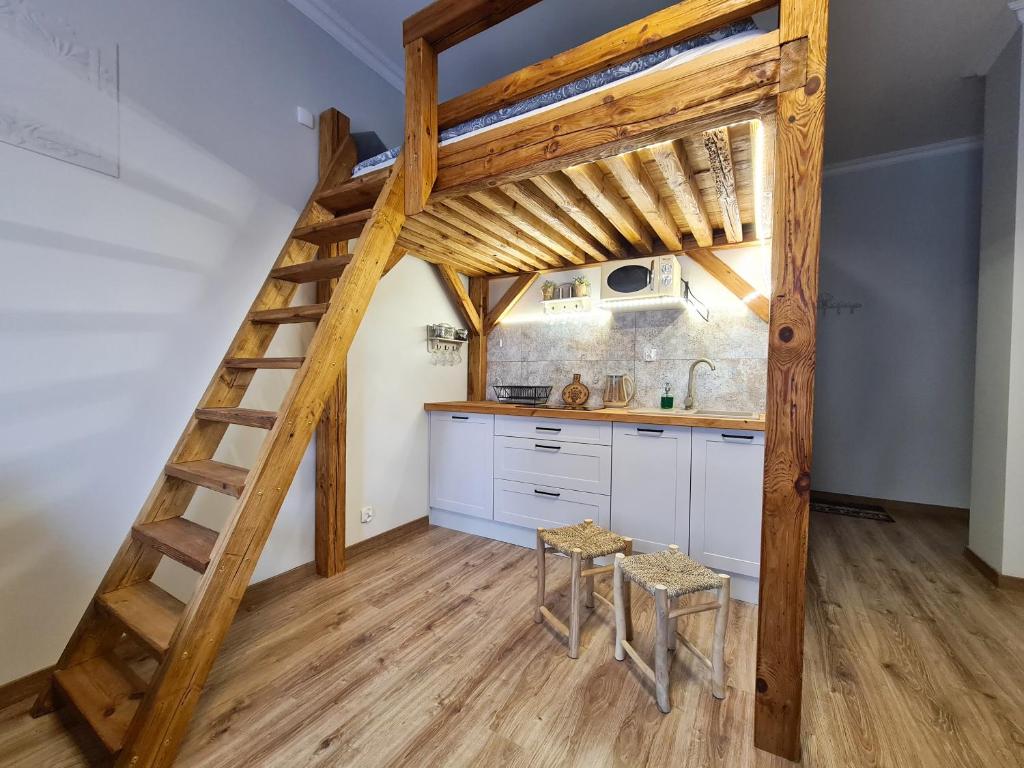 a kitchen with a loft bed with a ladder at Apartament Starówka 9 in Toruń