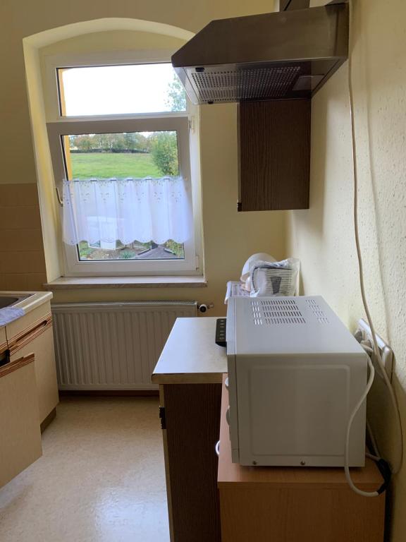 eine Küche mit einem Fenster und einem Drucker auf einer Theke in der Unterkunft Ferienwohnung Goldener Drache in Adorf