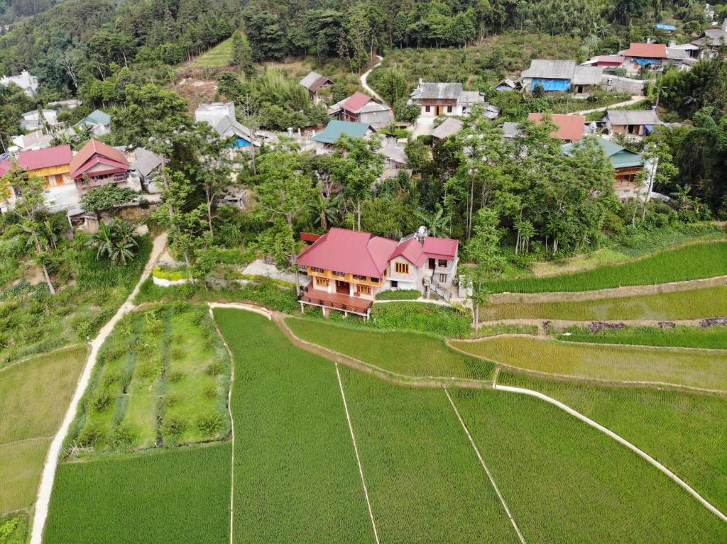 北河縣的住宿－Bac Ha Threeland homestay，山丘上房屋的空中景致