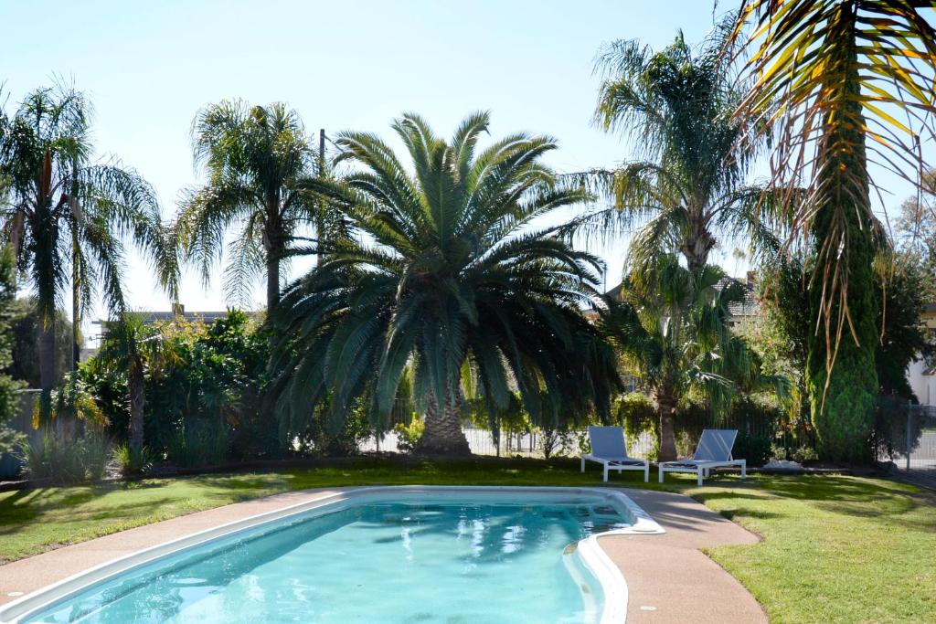 a swimming pool with two chairs and palm trees at Billabong Motel in Gunnedah