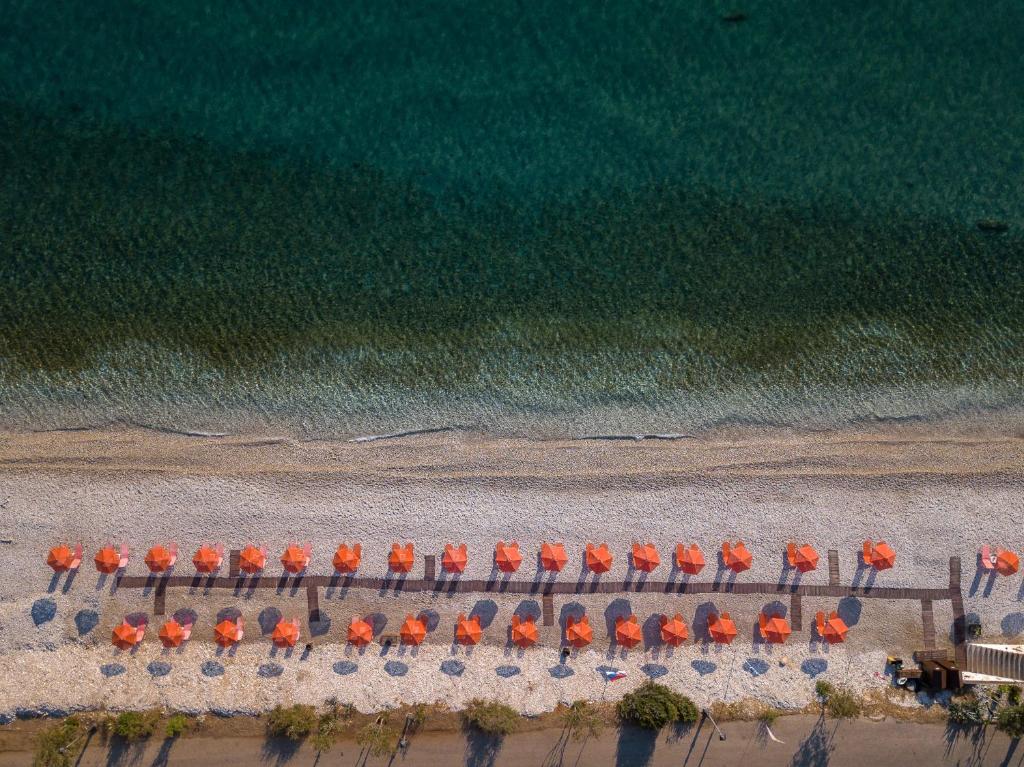 a group of orange umbrellas on the beach at Akrogiali Studios in Póros Kefalonias