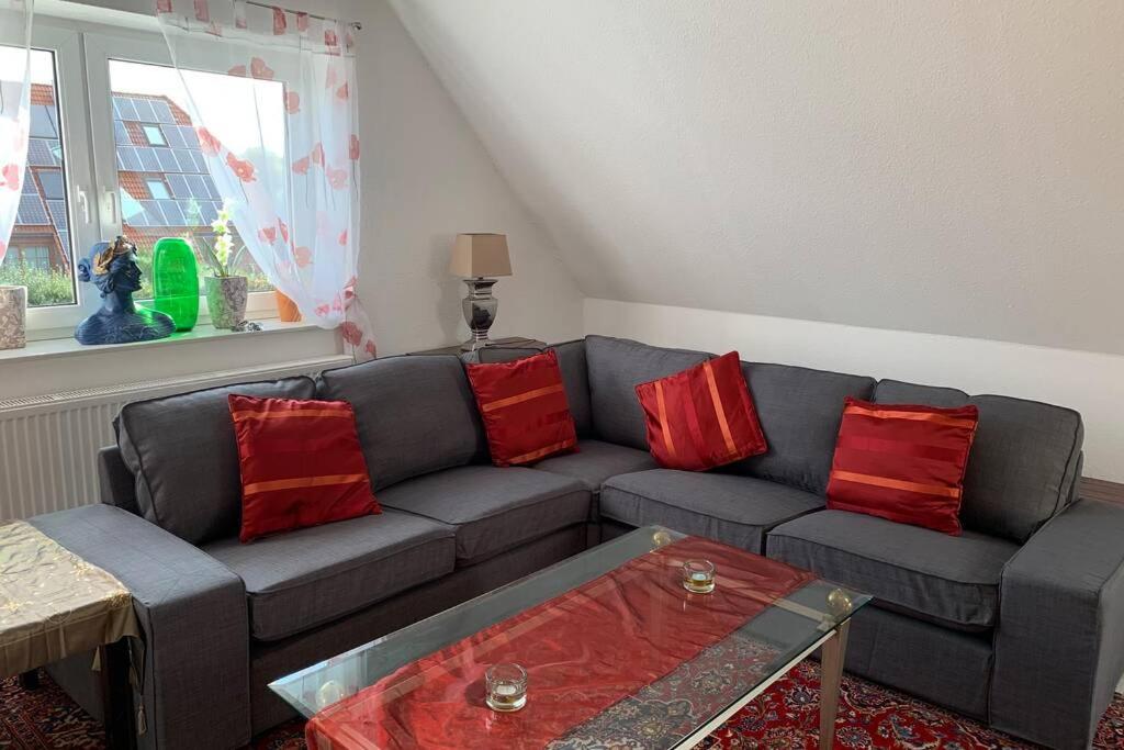 uma sala de estar com um sofá cinzento com almofadas vermelhas em Schöne gemütliche Ferienwohnung em Eggebek