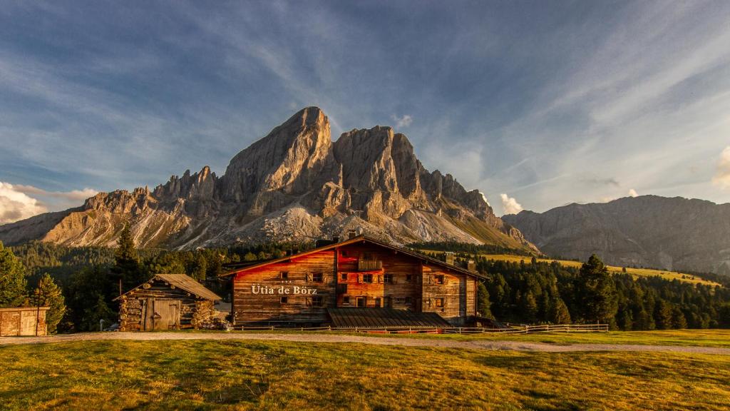 a barn in a field with a mountain in the background at Ütia De Börz in San Martino in Badia