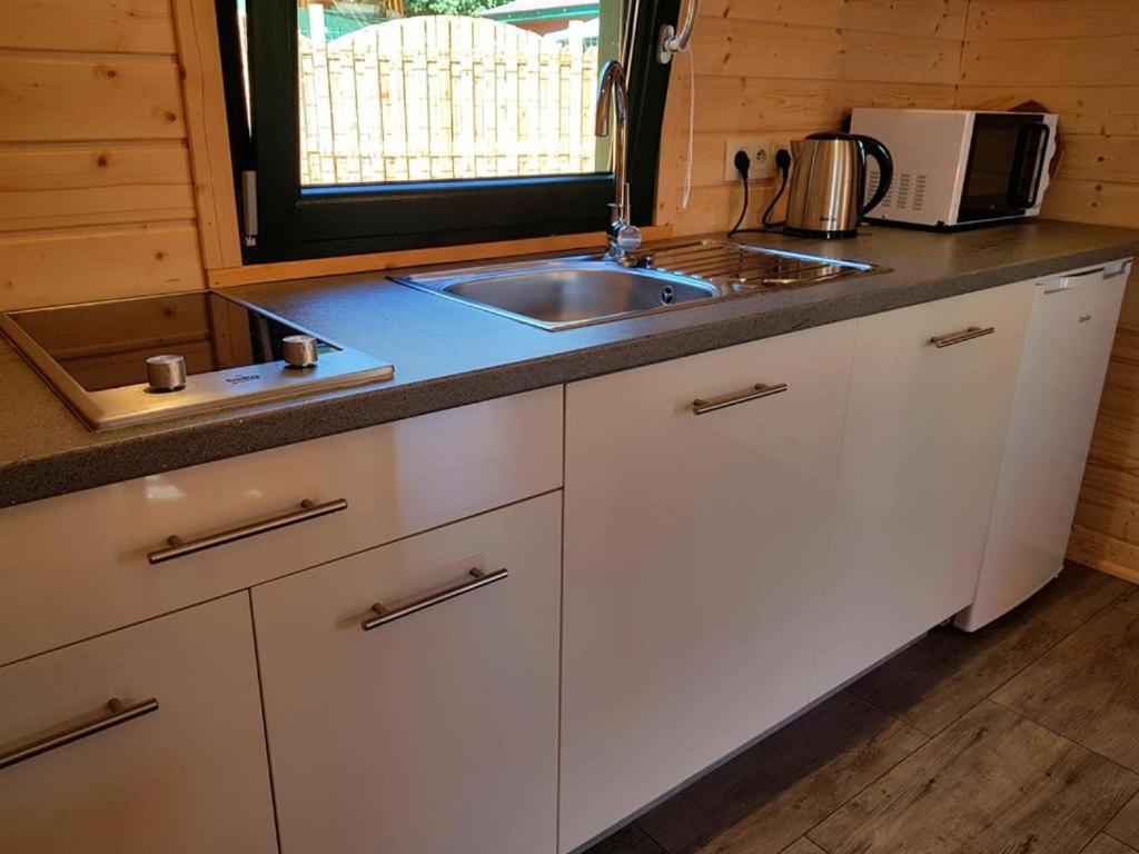 a kitchen with a sink and a counter top at Zielone Domki in Pobierowo