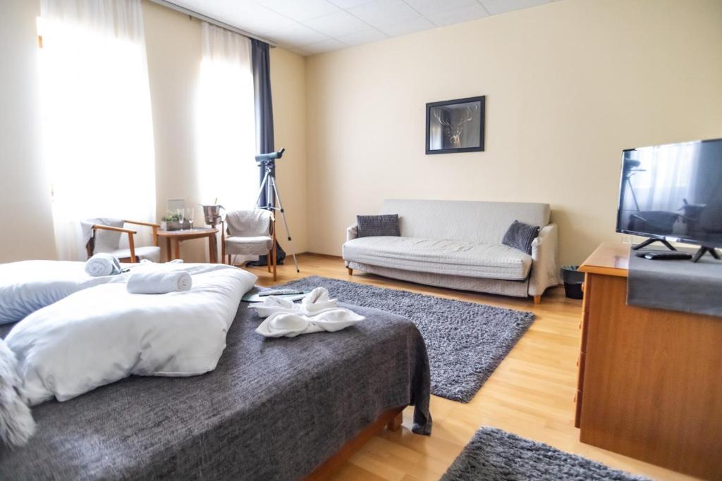 a living room with two beds and a flat screen tv at 4 Évszak Hegyihotel in Mátraháza