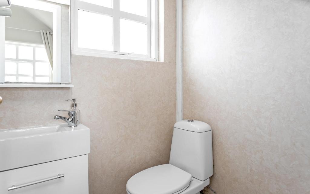 a bathroom with a toilet and a sink and a window at Guesthouse Vatnsholt in Vatnsholt