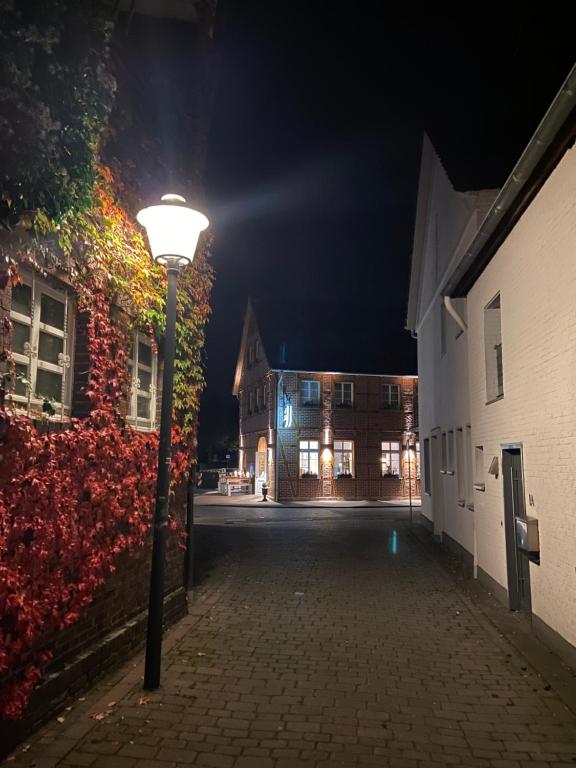 uma rua vazia à noite com uma luz de rua em Landhotel Jagdschlösschen em Ascheberg