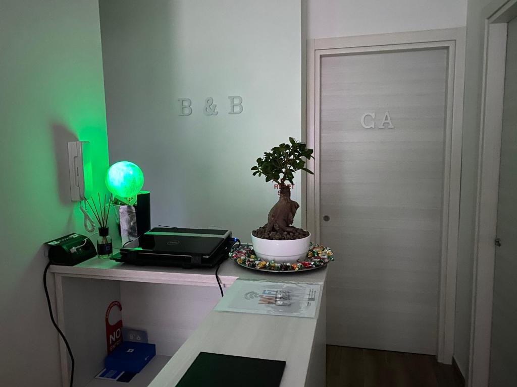 een bureau met een laptop en een plant erop bij Caruso Rooms in Sorrento