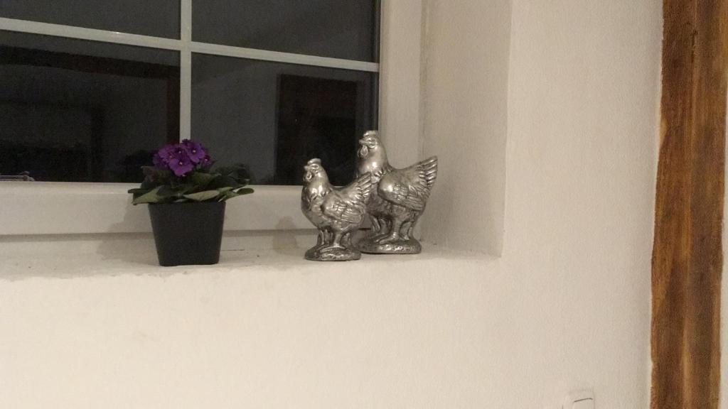 Dois pássaros de prata sentados num parapeito de janela ao lado de um vaso de flores em Cottage Hühnerstall em Zülpich