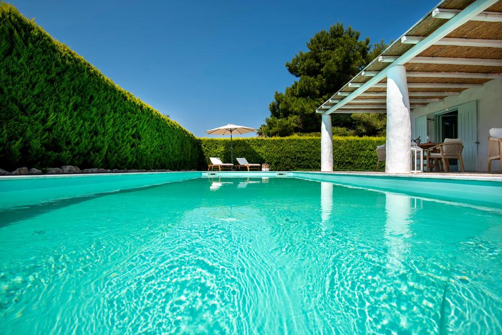 een zwembad met blauw water in een huis bij Villa Perla Blanca in Platánion