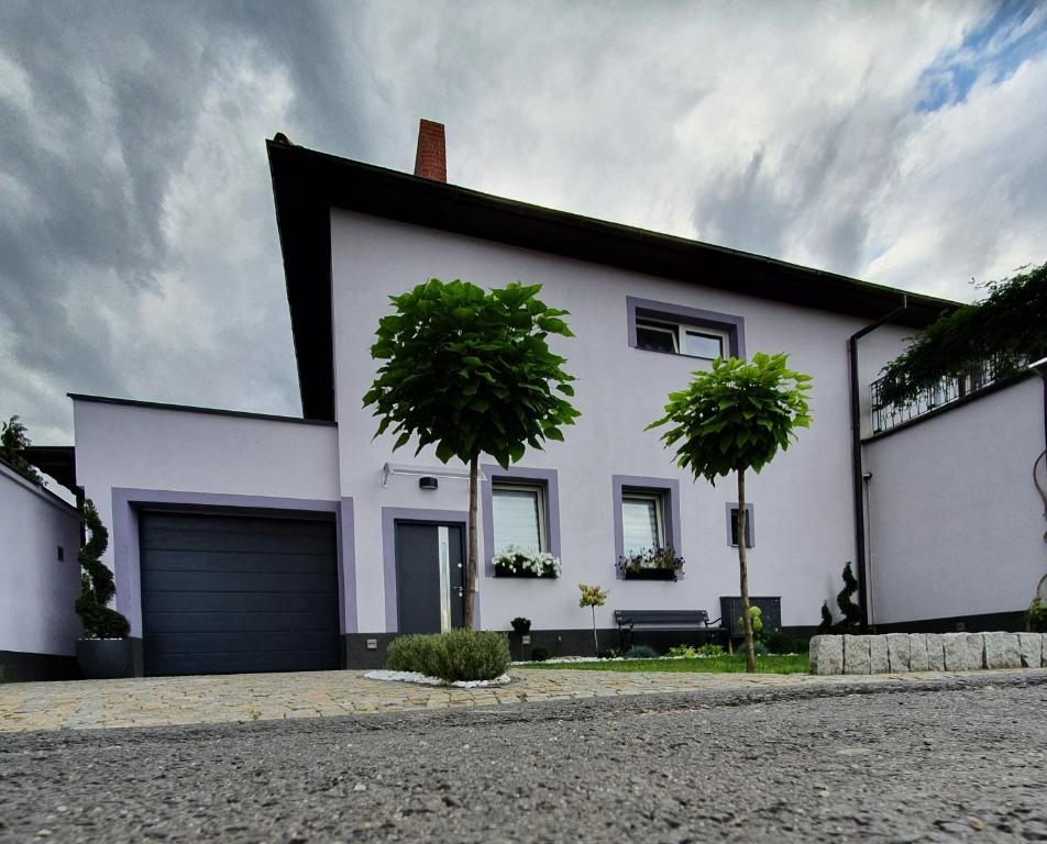 une maison blanche avec deux arbres devant elle dans l'établissement Apartamenty pod Wieżą, à Zgorzelec