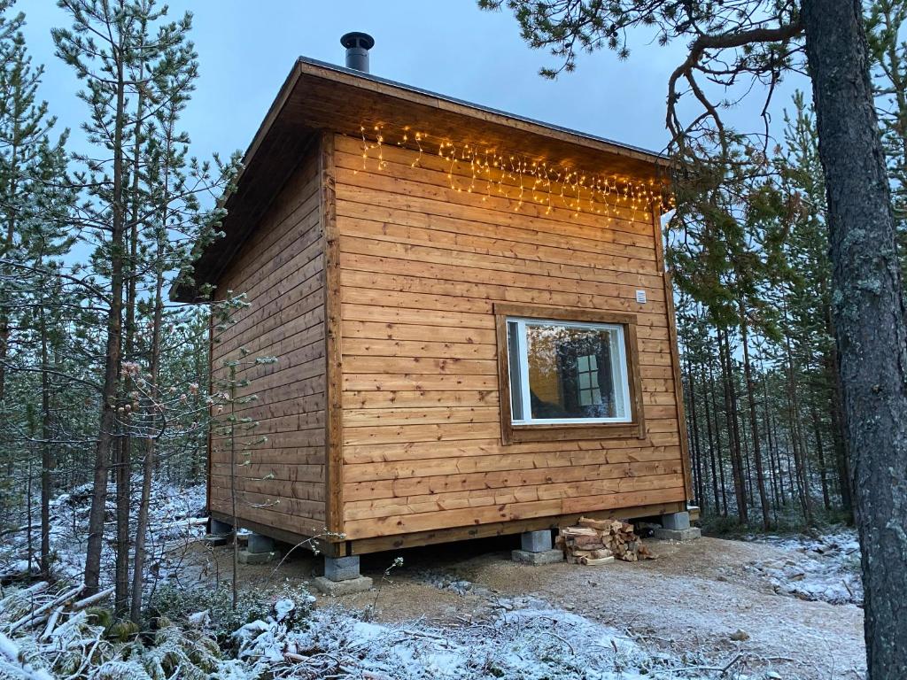 a tiny house in the woods with a window at Aurora Husky Hut in Inari