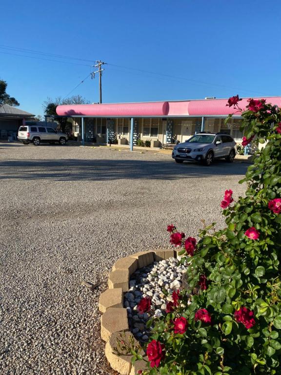 a flower bed in the middle of a parking lot at Paddle Steamer Motel in Swan Hill