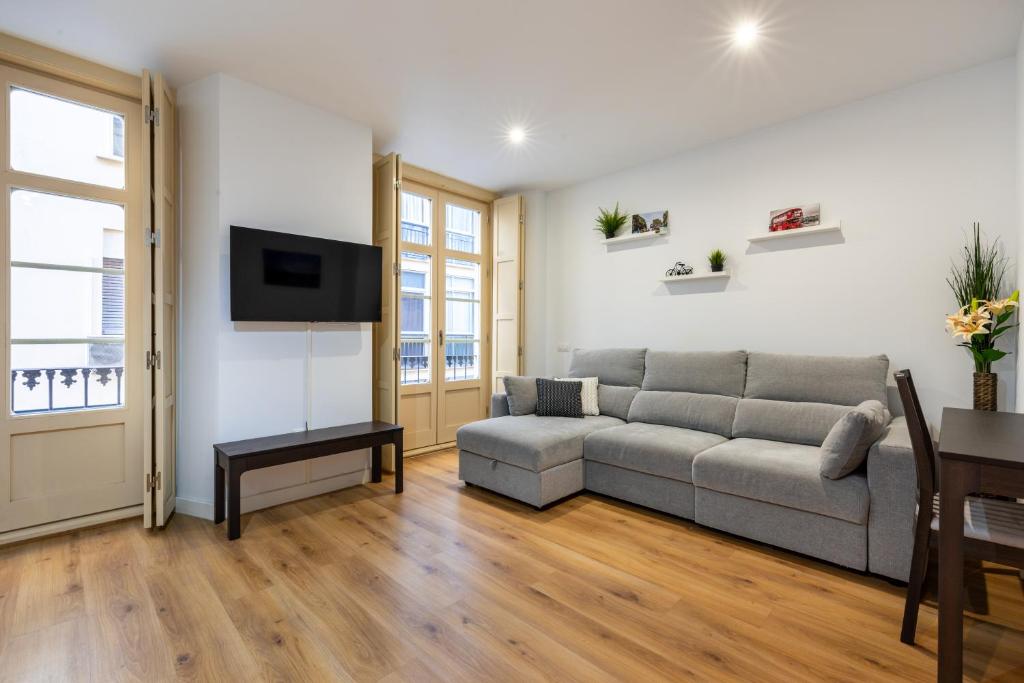 ein Wohnzimmer mit einem Sofa und einem TV in der Unterkunft Apartamento Soho Málaga in Málaga