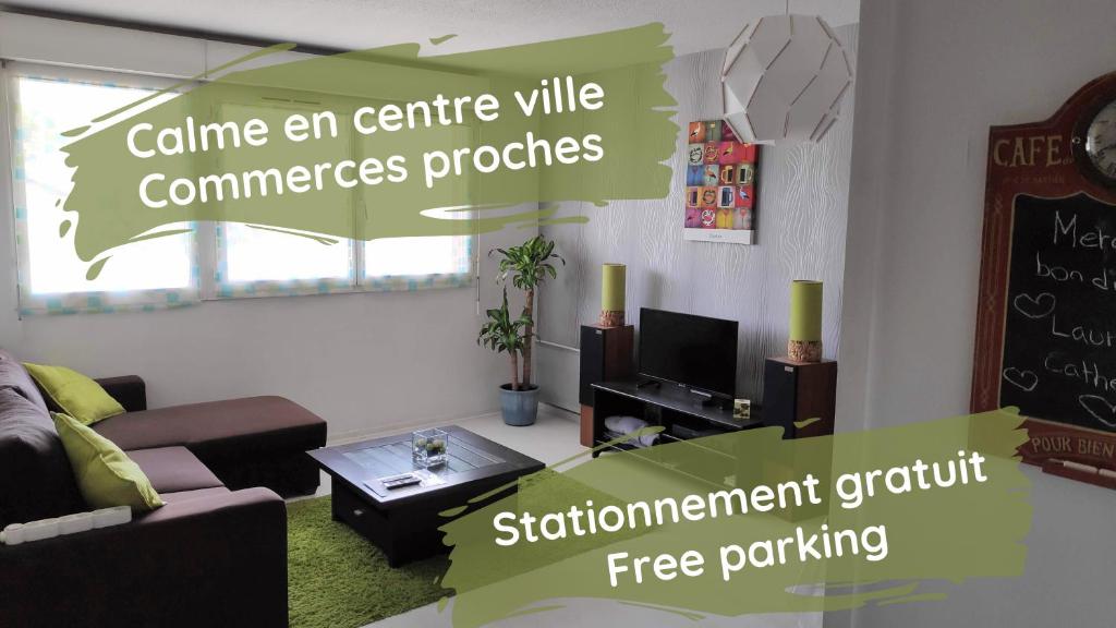 a living room with a couch and a tv at Grand Quevilly Centre Ville in Le Grand-Quevilly