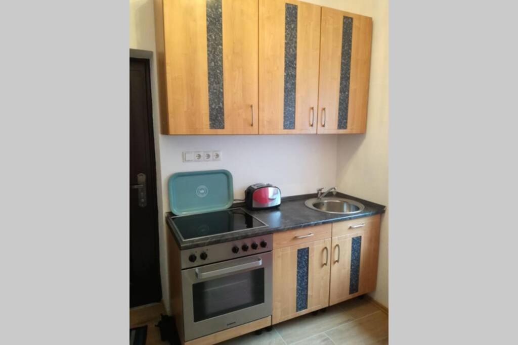 a small kitchen with a stove and a sink at Amstetten Apartment in Amstetten