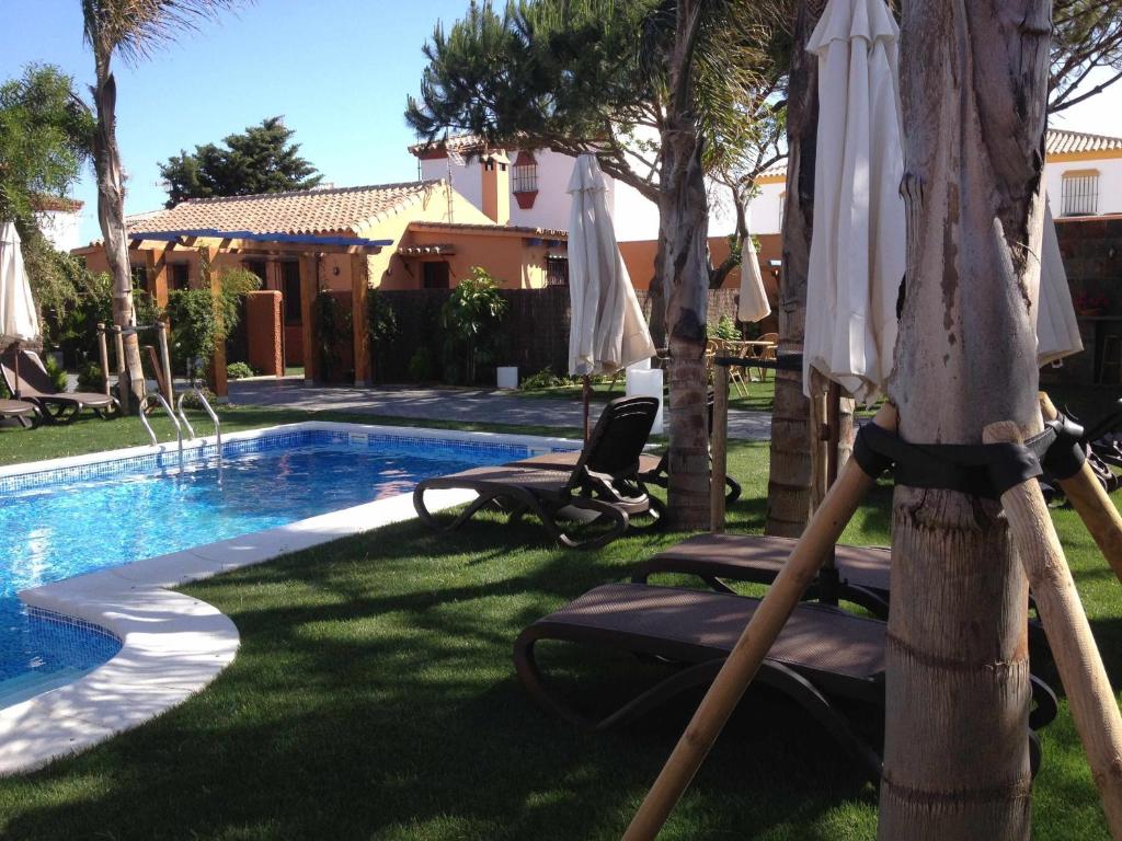 una piscina con sombrillas y tumbonas junto a una piscina en Apartamento para 4 personas con jardín privado y barbacoa cerca de la playa en Vejer de la Frontera