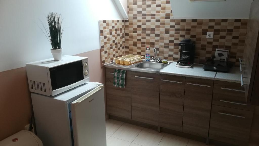 mała kuchnia z kuchenką mikrofalową i zlewem w obiekcie MA-JA 4 w mieście Bük