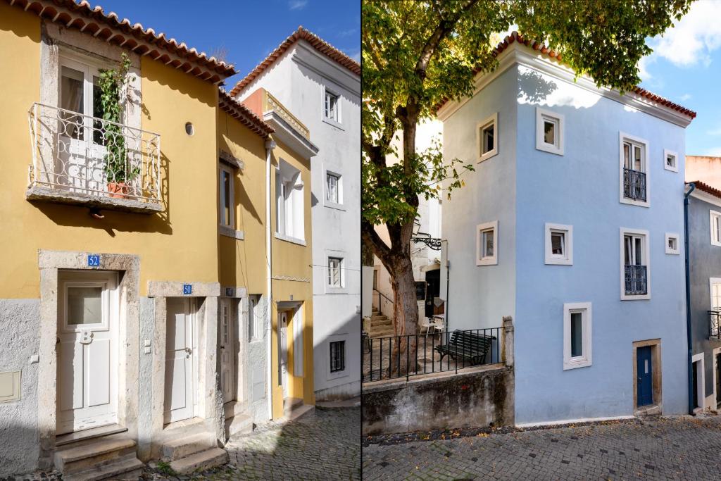 two photos of a building next to a street at Alfama Yellow House in Lisbon