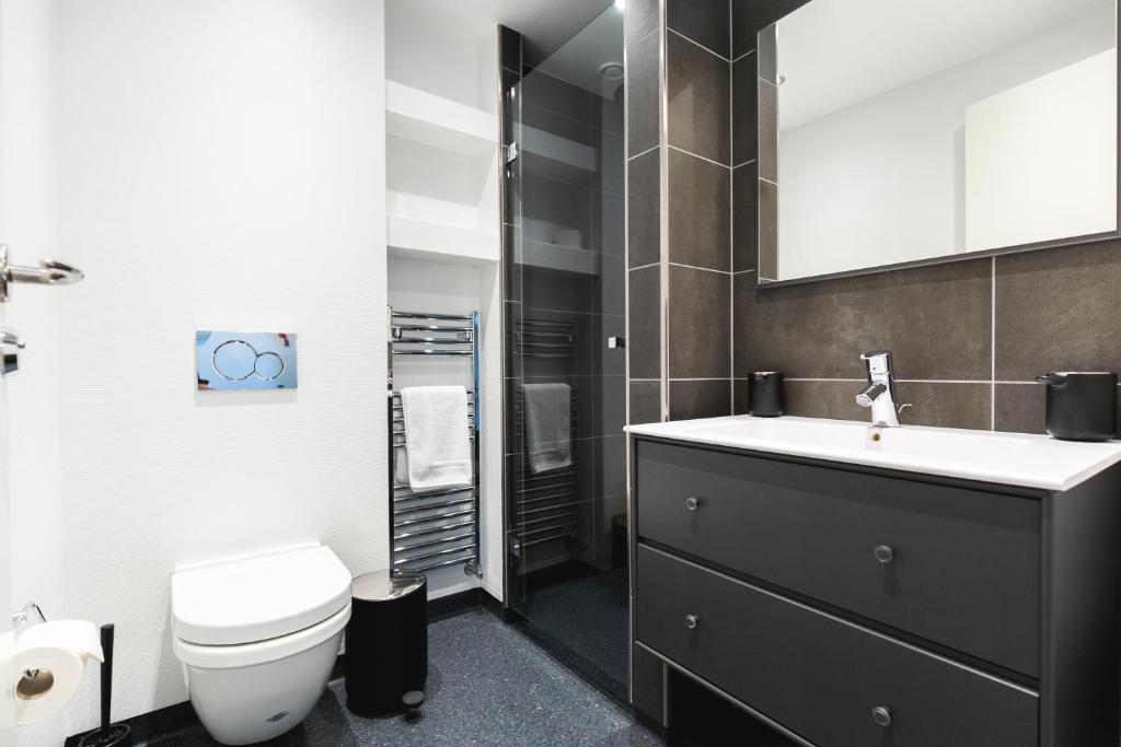 a bathroom with a sink and a toilet and a mirror at Hotel Icefiord in Ilulissat