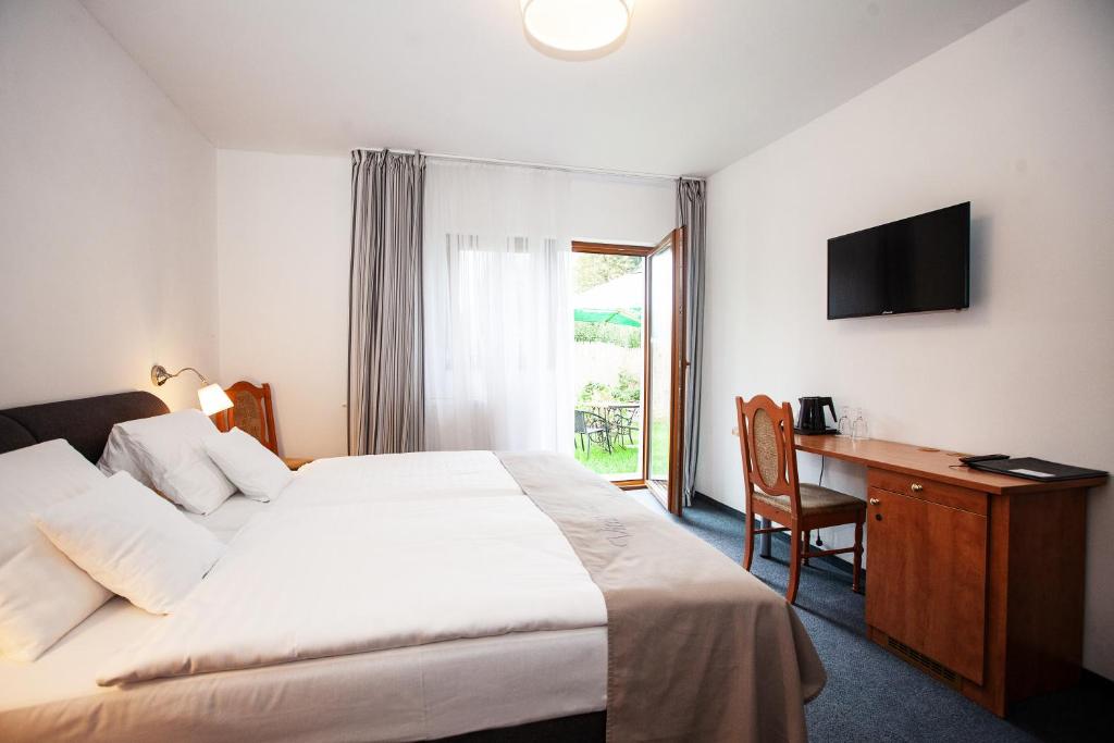 ein Hotelzimmer mit einem Bett, einem Schreibtisch und einem TV in der Unterkunft Penzion Dolíček in Cheb
