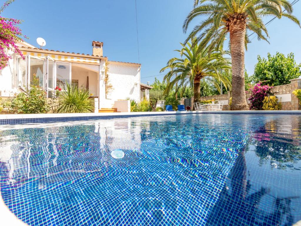 a swimming pool in front of a house with palm trees at Holiday Home D'Ibis by Interhome in Empuriabrava