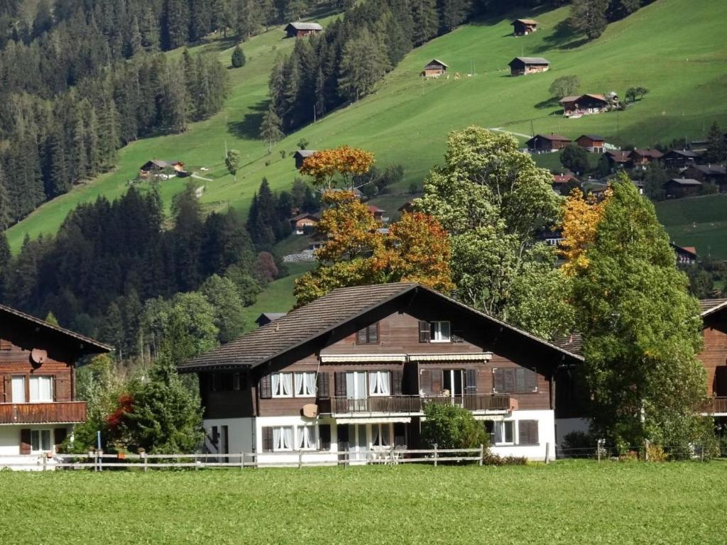 a house in the middle of a field in a mountain at Apartment Chalet Claudia by Interhome in Lenk