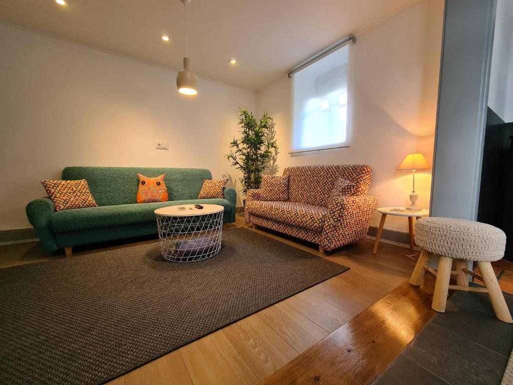 洛桑的住宿－NinePlace by LouzanPlace's，客厅配有绿色沙发和椅子