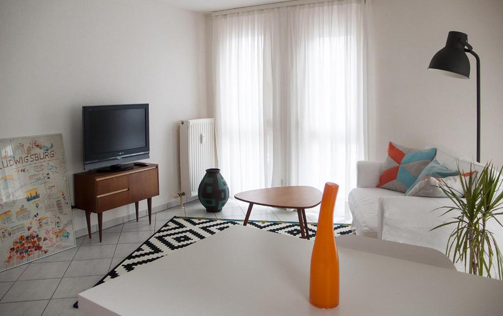 a living room with a couch and a tv at Gemütliche Wohnung mit sonniger Terrasse in Bietigheim-Bissingen