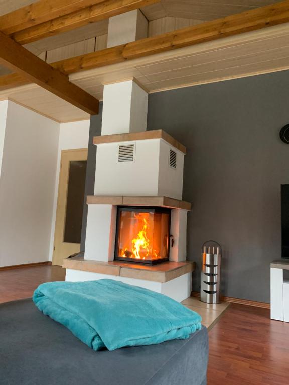 sala de estar con chimenea y sofá en Ferienwohnung am Rothenberg, en Altenau