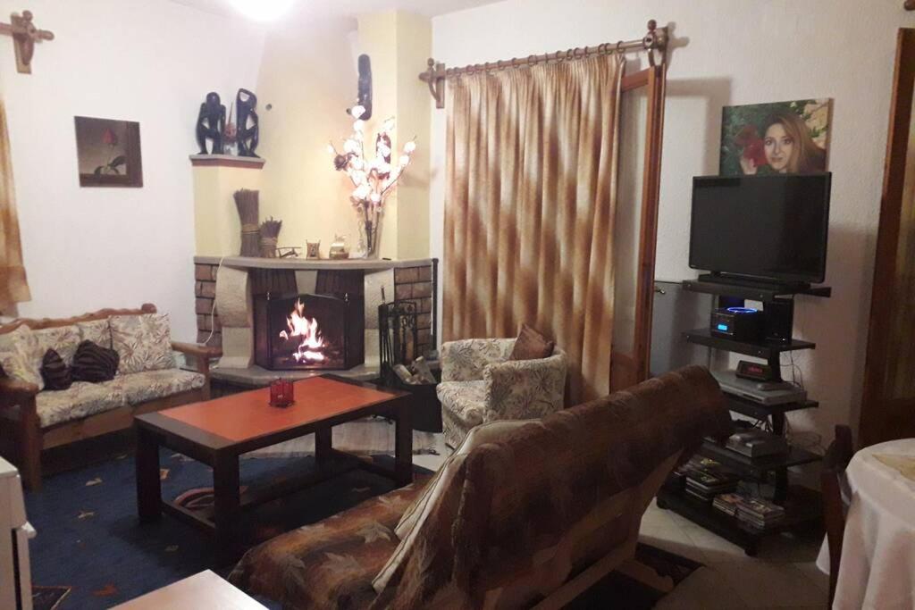 a living room with a couch and a fireplace at Efis house in Kalívia