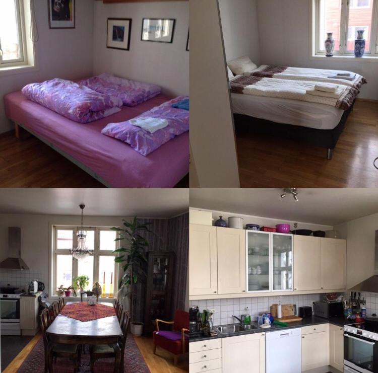 two pictures of a kitchen and a room with two beds at Homestay in Prestenggata in Tromsø