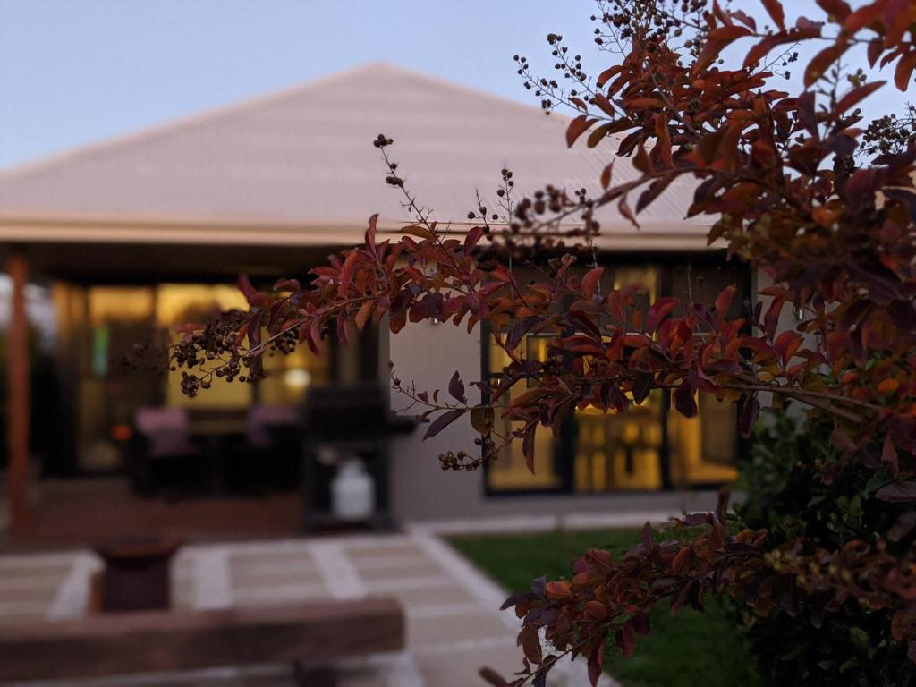 a house with a tree in front of it at Red Lotus Retreat in Mudgee