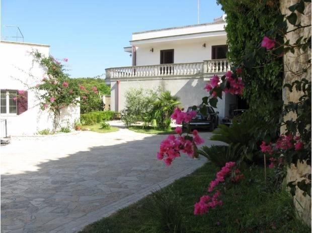 a house with pink flowers in front of a driveway at B&B Villa Striari in Otranto