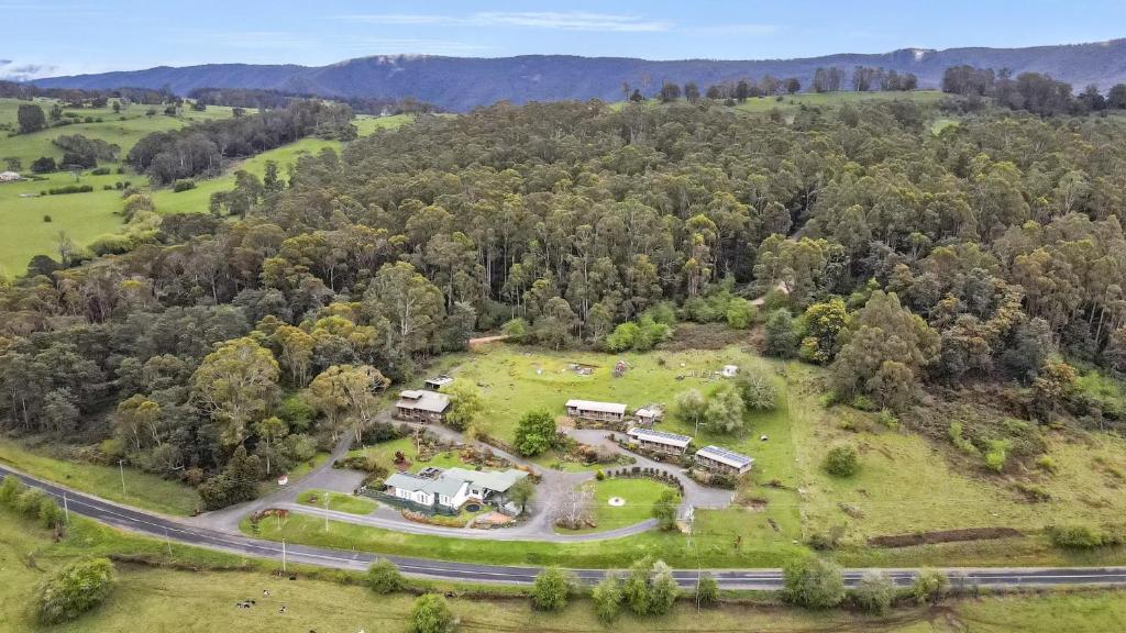 an aerial view of a house on a hill with trees at Mole Creek Cabins in Mole Creek