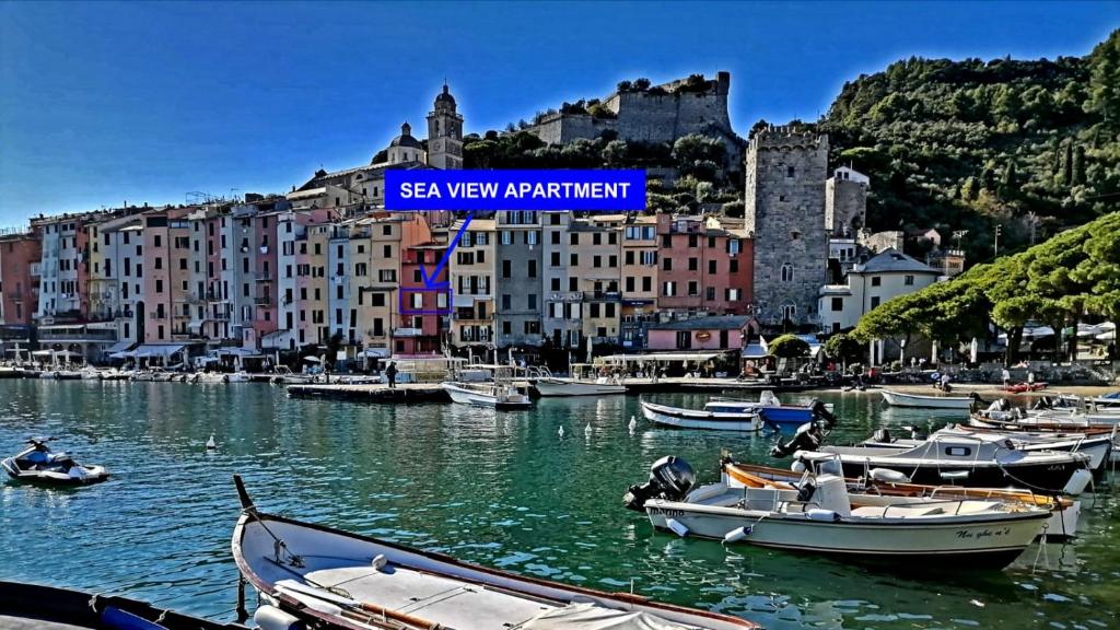 a group of boats docked in a harbor with buildings at SEA VIEW APARTMENT in front of the sea in Portovenere