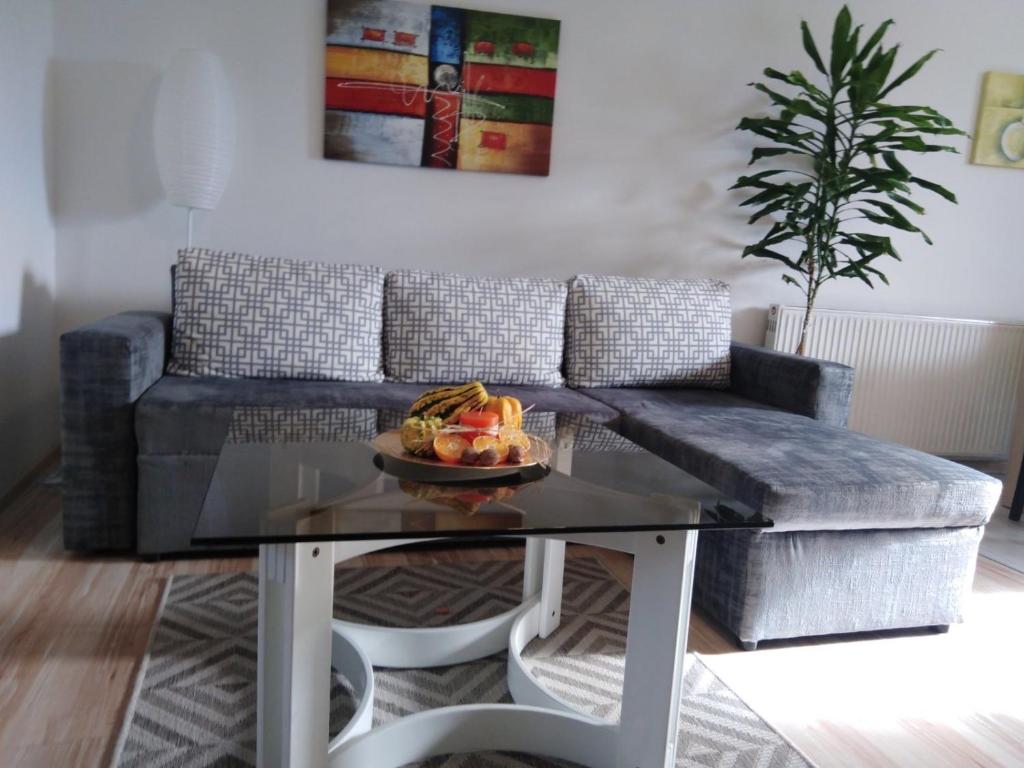 sala de estar con sofá y mesa de cristal en Happy M&S, en Šabac