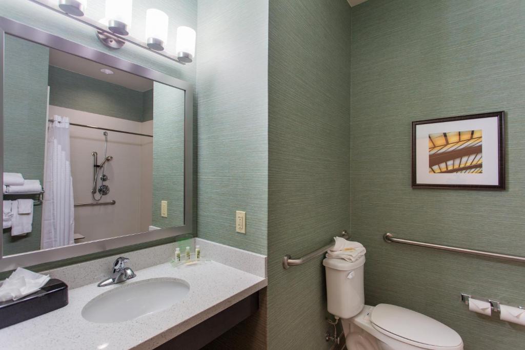 a bathroom with a toilet and a sink and a mirror at Holiday Inn Texarkana Arkansas Convention Center by IHG in Texarkana