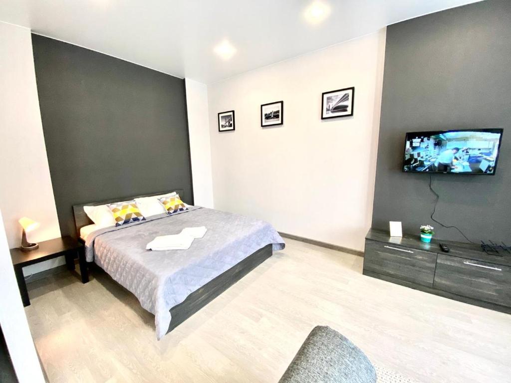 a bedroom with a bed and a flat screen tv at Апартаменты Кирова 47 in Barnaul